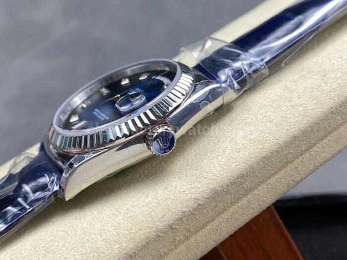 8+ Factory counterweight Rolex Day-Date 36mm 128239-0023 White Gold Crocodile Leather Strap Diamond Mope Baguette Diamond Blue Ombré Dial - Image 6