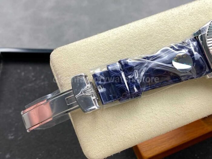 8+ Factory counterweight Rolex Day-Date 36mm 128239-0023 White Gold Crocodile Leather Strap Diamond Mope Baguette Diamond Blue Ombré Dial - Image 8