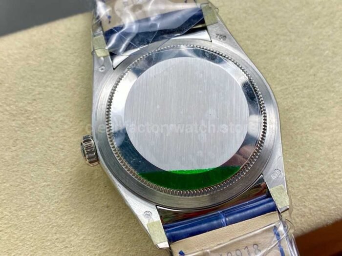 8+ Factory counterweight Rolex Day-Date 36mm 128239-0023 White Gold Crocodile Leather Strap Diamond Mope Baguette Diamond Blue Ombré Dial - Image 7