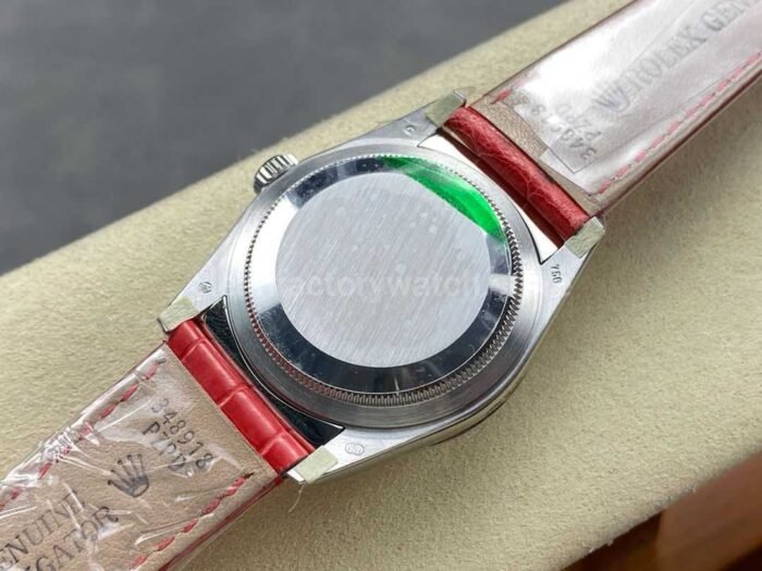 8+ Factory counterweight Rolex Day-Date 36mm 128239-0071 White Gold Crocodile Leather Strap Baguette Diamond Pink Dial - Image 6