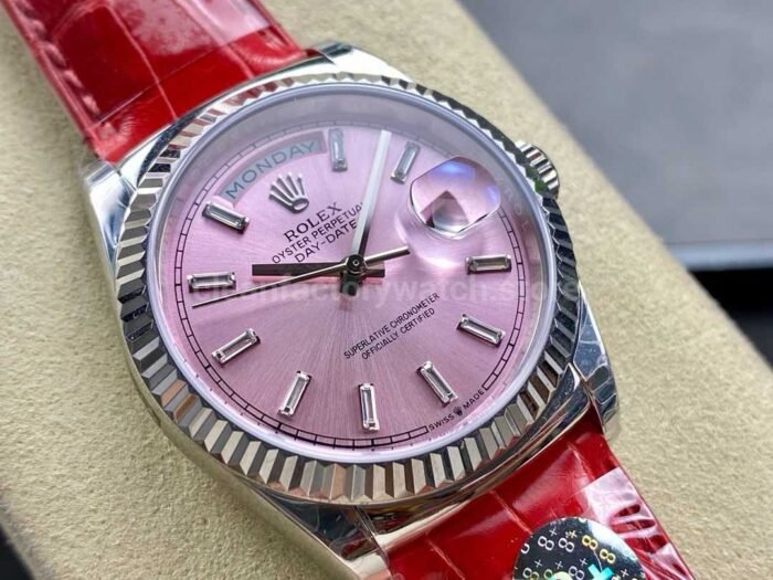 8+ Factory counterweight Rolex Day-Date 36mm 128239-0071 White Gold Crocodile Leather Strap Baguette Diamond Pink Dial - Image 2