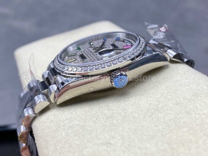 8+ Factory ‘Counterweight’ Rolex Day-Date 128349RBR-0006 36mm Diamond White Gold Bezel Full White Gold Baguette Diamond White Gold Dial - Image 6