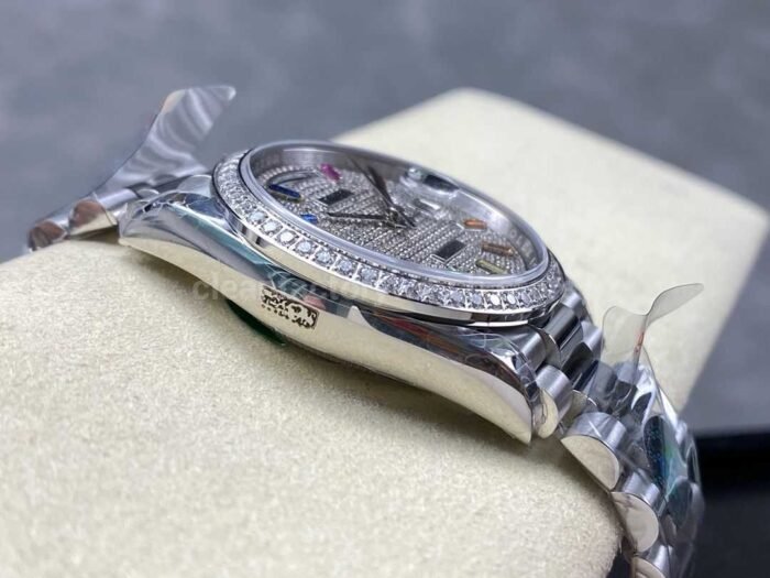 8+ Factory ‘Counterweight’ Rolex Day-Date 128349RBR-0006 36mm Diamond White Gold Bezel Full White Gold Baguette Diamond White Gold Dial - Image 5