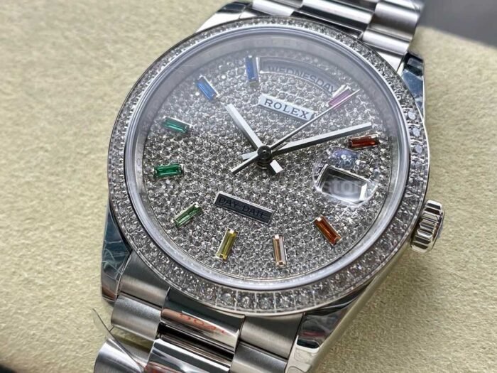 8+ Factory ‘Counterweight’ Rolex Day-Date 128349RBR-0006 36mm Diamond White Gold Bezel Full White Gold Baguette Diamond White Gold Dial - Image 3