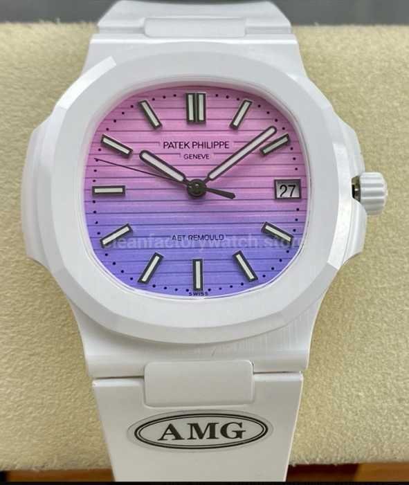 AMG Factory Customer Made Patek Philippe Nautilus PP5711 40mm Ceramics White Rubber Strap Pink&Blue Dial