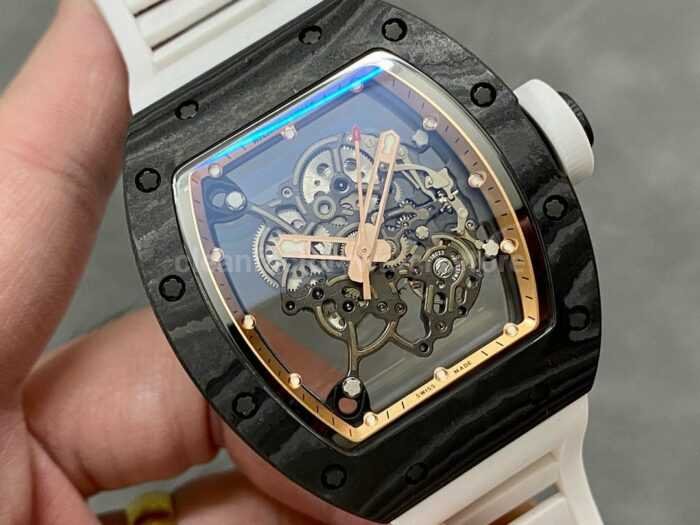 BBR Factory Richard Mille 43mm RM055 Black Carbon Fiber White Rubber Strap Rose Gold Skeletonized 5 Super Clone Watch,Clean Factory Watch