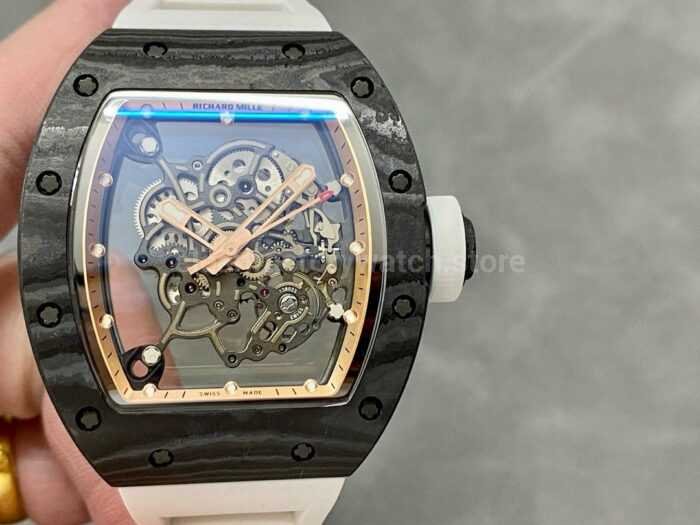 BBR Factory Richard Mille 43mm RM055 Black Carbon Fiber White Rubber Strap Rose Gold Skeletonized 6 Super Clone Watch,Clean Factory Watch