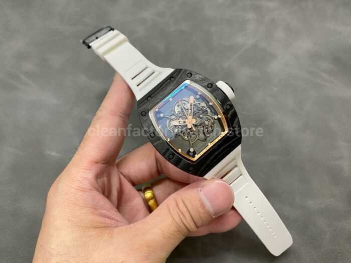 BBR Factory Richard Mille 43mm RM055 Black Carbon Fiber White Rubber Strap Rose Gold Skeletonized 7 Super Clone Watch,Clean Factory Watch