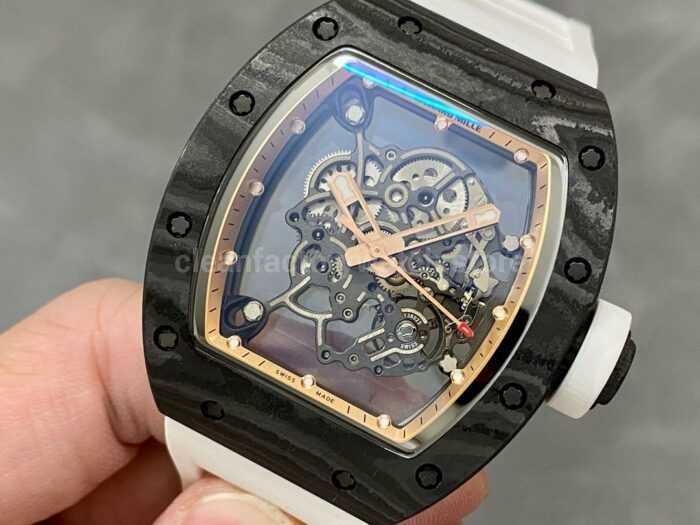 BBR Factory Richard Mille 43mm RM055 Black Carbon Fiber White Rubber Strap Rose Gold Skeletonized Super Clone Watch,Clean Factory Watch