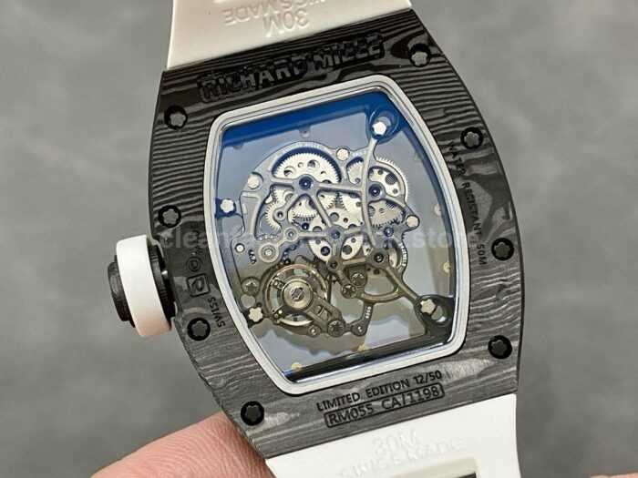 BBR Factory Richard Mille 43mm RM055 Black Carbon Fiber White Rubber Strap Rose Gold Skeletonized 8 Super Clone Watch,Clean Factory Watch