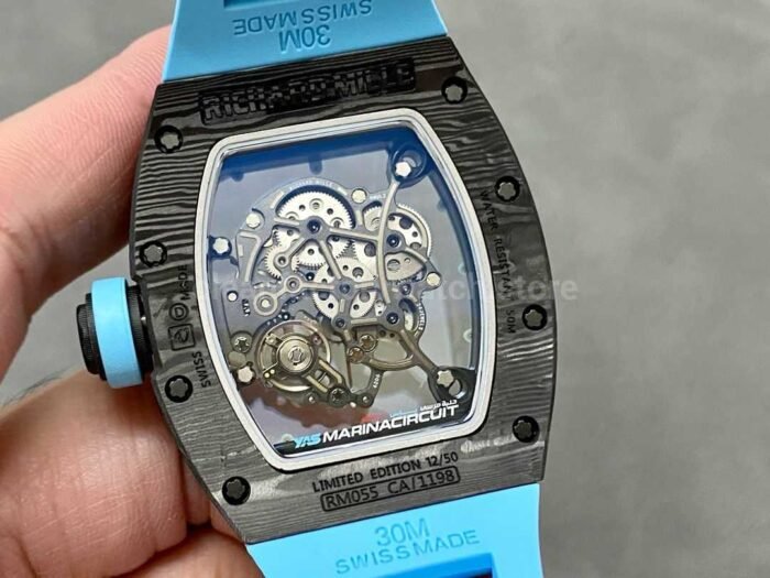 BBR Factory Richard Mille RM055 Black Carbon Fiber Light Blue Rubber Strap Light Blue Skeletonized Dial - Image 7