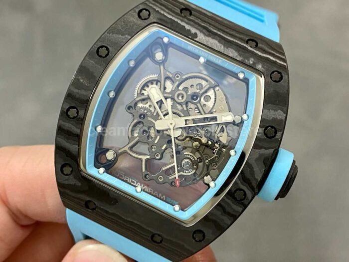 BBR Factory Richard Mille RM055 Black Carbon Fiber Light Blue Rubber Strap Light Blue Skeletonized Dial - Image 3