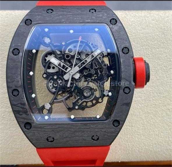 BBR Factory Richard Mille RM055 Black Carbon Fiber Red Rubber Strap Black Skeletonized Dial