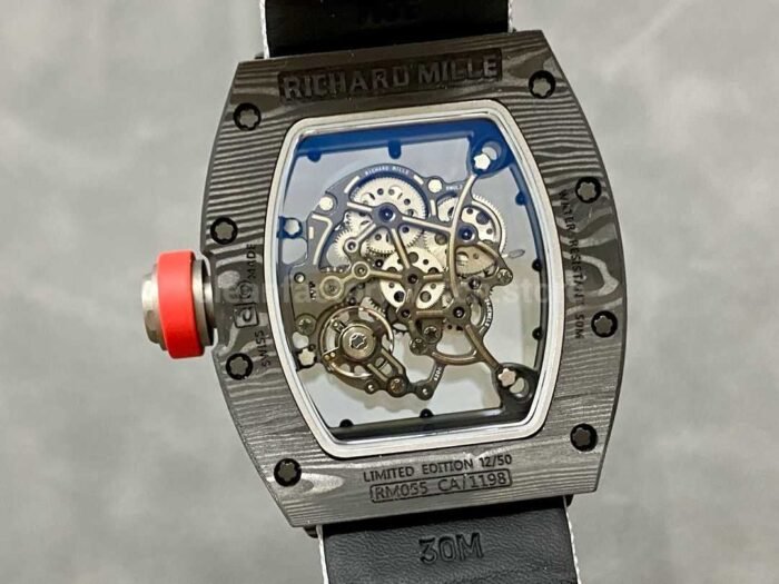 BBR Factory Richard Mille RM055 Black Carbon Fiber White Canvas Strap Silver Skeletonized Dial - Image 7