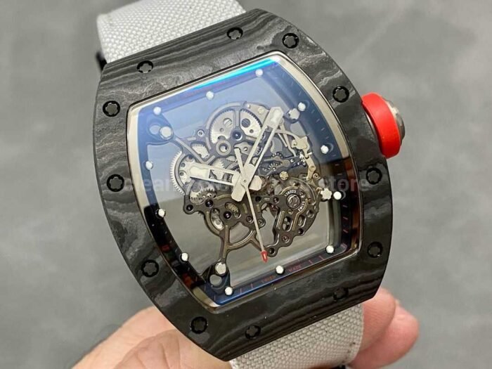BBR Factory Richard Mille RM055 Black Carbon Fiber White Canvas Strap Silver Skeletonized Dial - Image 2