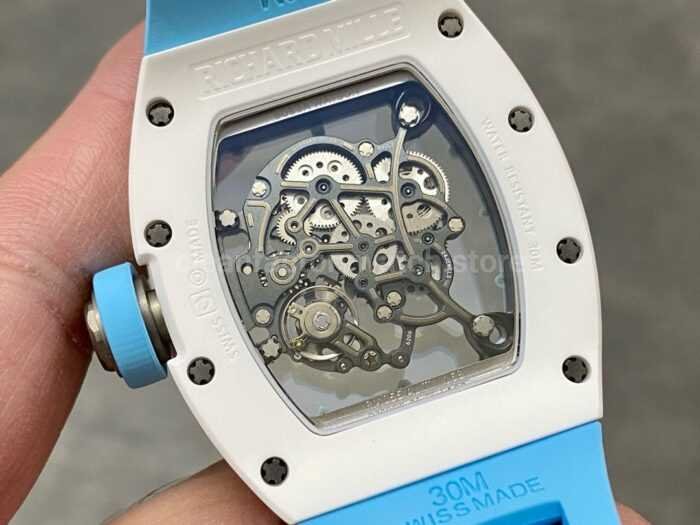 BBR Factory Richard Mille RM055 White Ceramics Light Blue Rubber Strap Light Blue Skeletonized Super Clone Watch,Clean Factory Watch