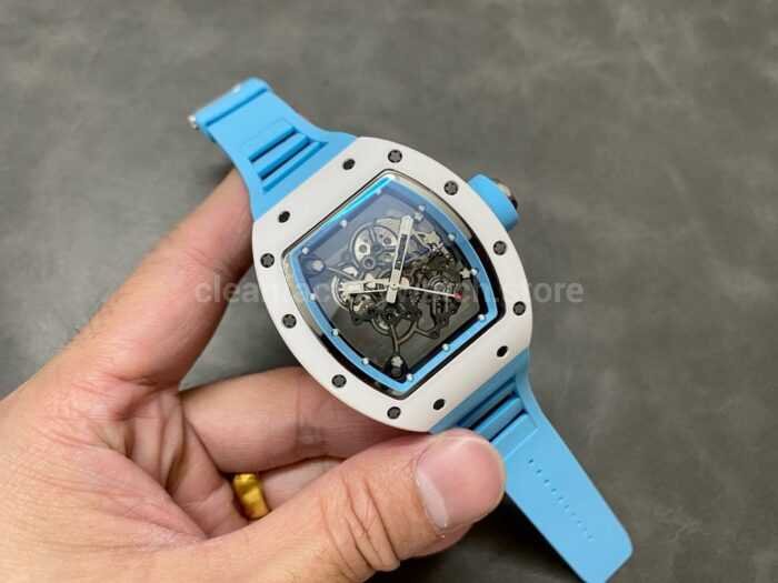 BBR Factory Richard Mille RM055 White Ceramics Light Blue Rubber Strap Light Blue Skeletonized 4 Super Clone Watch,Clean Factory Watch