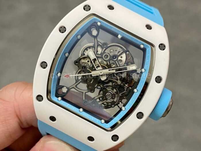 BBR Factory Richard Mille RM055 White Ceramics Light Blue Rubber Strap Light Blue Skeletonized 6 Super Clone Watch,Clean Factory Watch