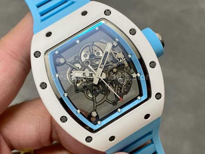 BBR Factory Richard Mille RM055 White Ceramics Light Blue Rubber Strap Light Blue Skeletonized 9 Super Clone Watch,Clean Factory Watch