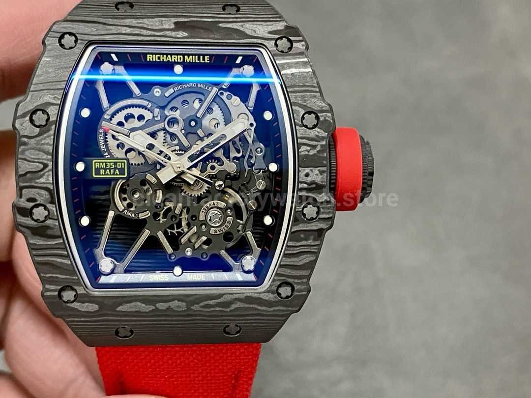 BBR Factory Richard Mille RM35-01 Black Carbon Fiber Red Canvas Strap Black Skeletonized