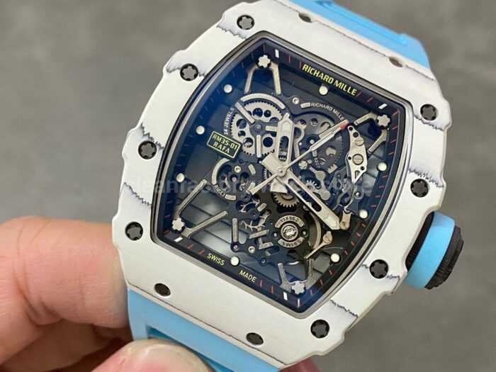 BBR Factory Richard Mille RM35 01 White Carbon Fiber Light Blue Canvas Strap White Skeletonized 1 Super Clone Watch,Clean Factory Watch