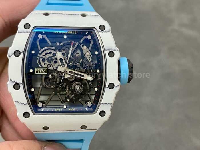 BBR Factory Richard Mille RM35 01 White Carbon Fiber Light Blue Canvas Strap White Skeletonized 3 Super Clone Watch,Clean Factory Watch