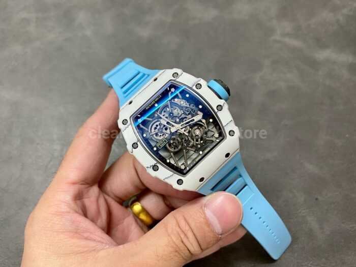 BBR Factory Richard Mille RM35 01 White Carbon Fiber Light Blue Canvas Strap White Skeletonized 5 Super Clone Watch,Clean Factory Watch