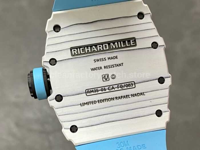 BBR Factory Richard Mille RM35 01 White Carbon Fiber Light Blue Canvas Strap White Skeletonized 8 Super Clone Watch,Clean Factory Watch