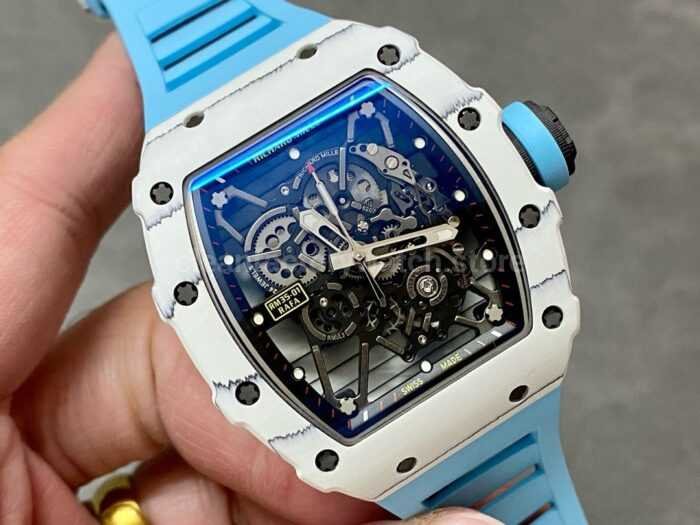 BBR Factory Richard Mille RM35 01 White Carbon Fiber Light Blue Canvas Strap White Skeletonized 9 Super Clone Watch,Clean Factory Watch