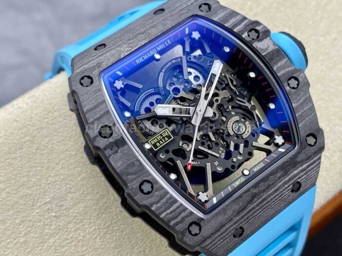 BBR Factory Richard Mille RM35-02 Black Carbon Fiber Light Blue Rubber Strap Black Skeletonized - Image 2
