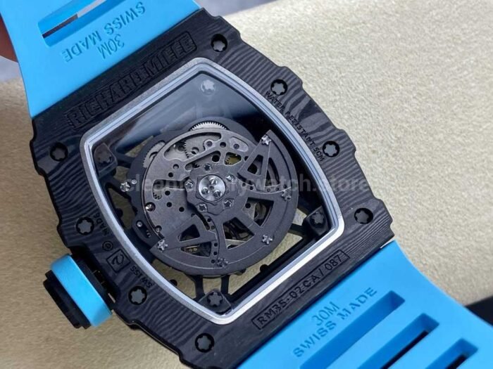 BBR Factory Richard Mille RM35-02 Black Carbon Fiber Light Blue Rubber Strap Black Skeletonized - Image 7