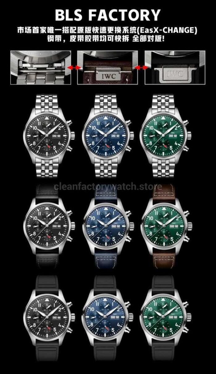 BLS Factory IWC Pilot Chronograph IW388103 41mm Steel Leather Strap Arabic Numerals Green Dial - Image 12