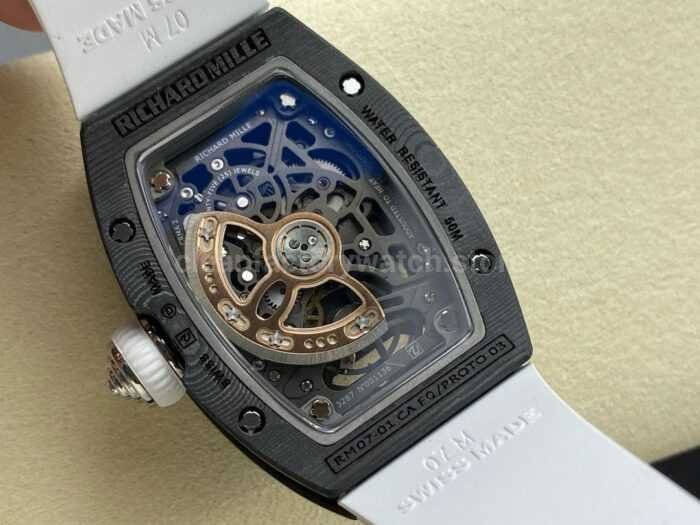 G Factory Richard Mille RM07 31.4mm TitaniumCarbon Fiber White Rubber Strap Skeletonized Dial 1 Super Clone Watch,Clean Factory Watch