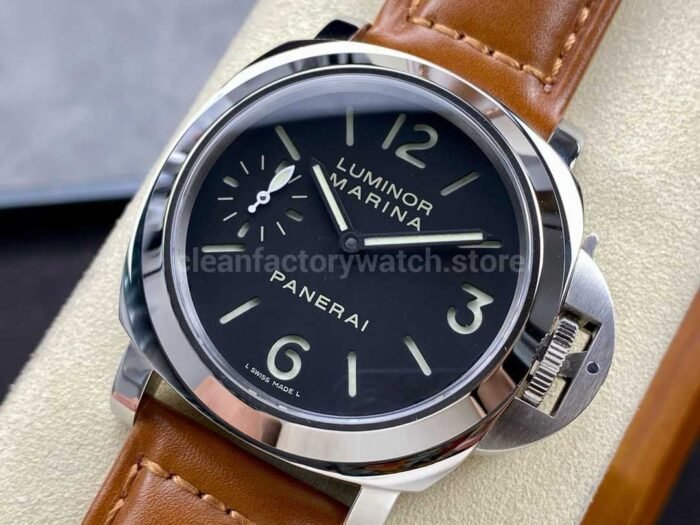 HW Factory Panerai Luminor Marina PAM 00111 44mm Steel Leather Strap Arabic Numerals Black Dial - Image 3