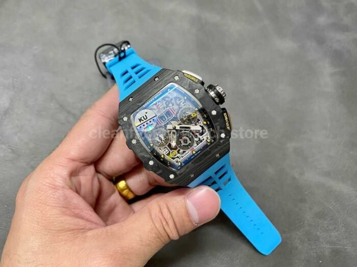 KU Factory Richard Mille RM 011-03 44.5mm Carbon Fiber Blue Rubber Strap Arabic Numerals Skeletonized Dial - Image 4