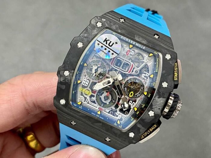 KU Factory Richard Mille RM 011-03 44.5mm Carbon Fiber Blue Rubber Strap Arabic Numerals Skeletonized Dial - Image 3
