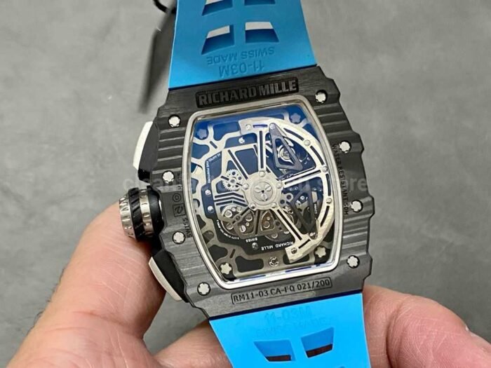 KU Factory Richard Mille RM 011-03 44.5mm Carbon Fiber Blue Rubber Strap Arabic Numerals Skeletonized Dial - Image 7