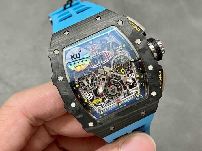 KU Factory Richard Mille RM 011-03 44.5mm Carbon Fiber Blue Rubber Strap Arabic Numerals Skeletonized Dial - Image 2