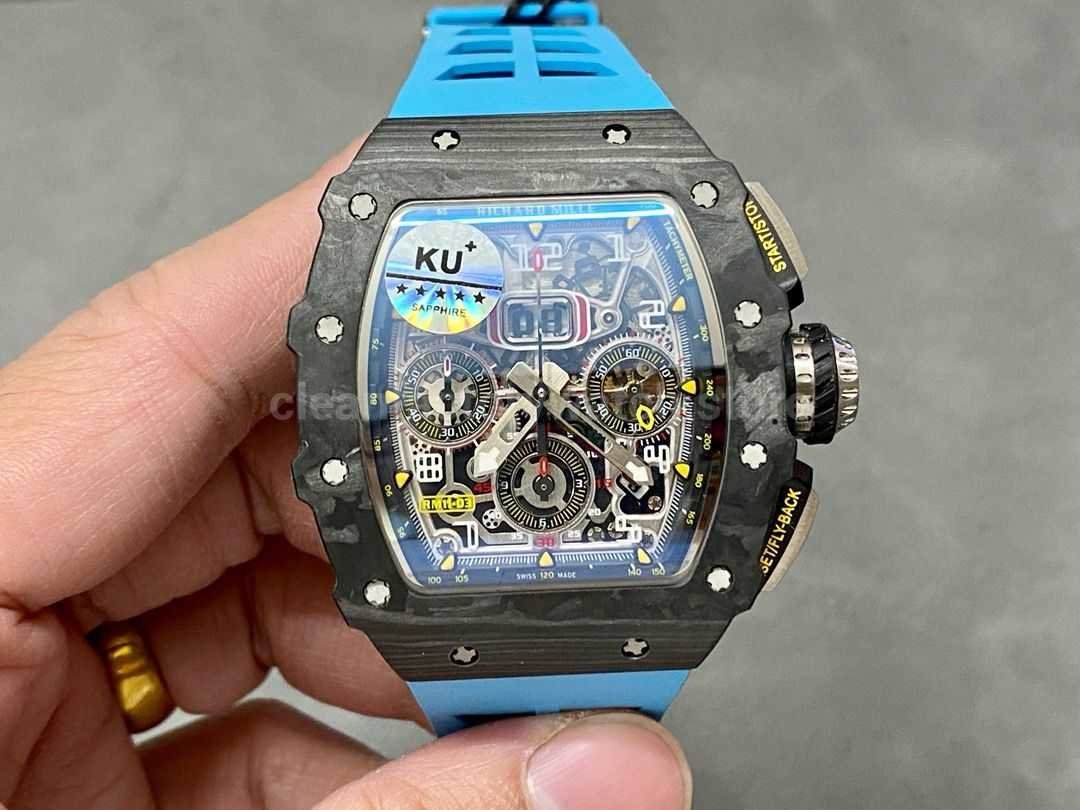 KU Factory Richard Mille RM 011-03 44.5mm Carbon Fiber Blue Rubber Strap Arabic Numerals Skeletonized Dial