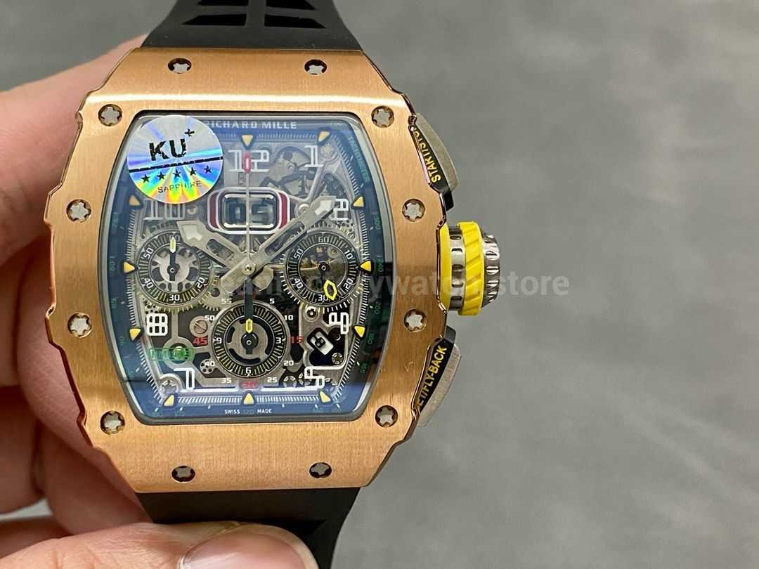 KU Factory Richard Mille RM11-03 44.5mm Rose Gold Black Rubber Strap Skeletonized Dial