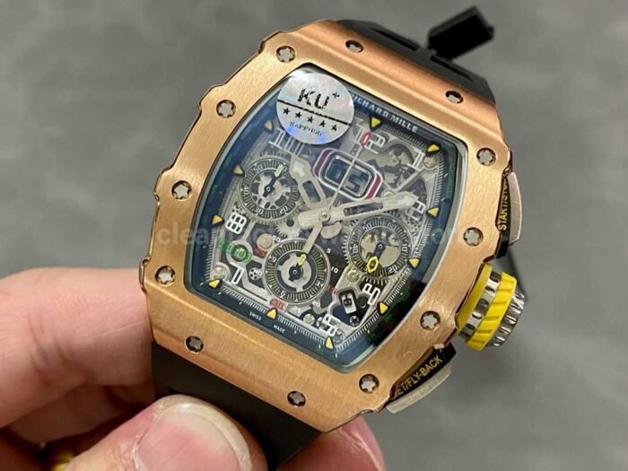 KU Factory Richard Mille RM11-03 44.5mm Rose Gold Black Rubber Strap Skeletonized Dial - Image 3