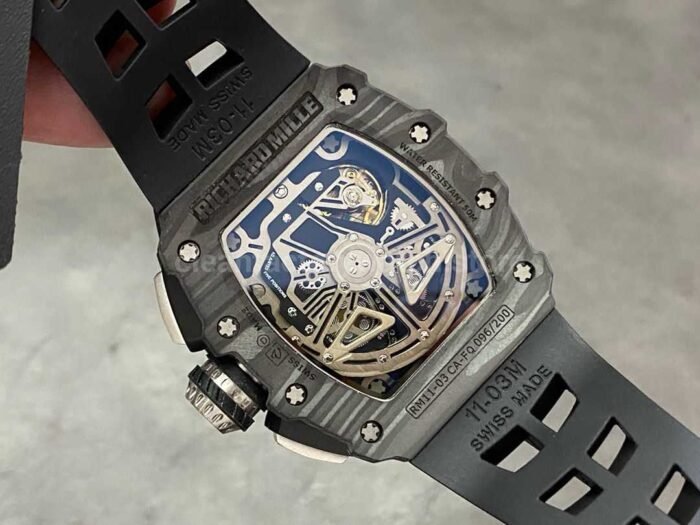 KV Factory Richard Mille RM011-03 44.5mm Carbon Fiber， Black Rubber Strap Arabic Numerals Skeletonized Dial - Image 7