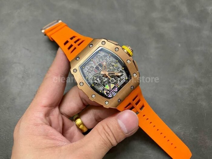 KV Factory Richard Mille RM011-03 44.5mm Rose Gold Orange Rubber Strap Arabic Numerals Skeletonized Dial - Image 4
