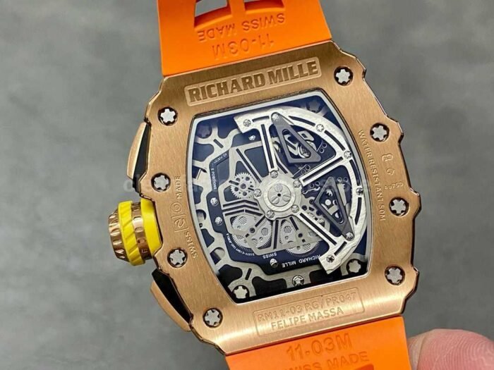 KV Factory Richard Mille RM011-03 44.5mm Rose Gold Orange Rubber Strap Arabic Numerals Skeletonized Dial - Image 7