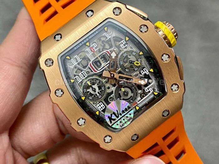 KV Factory Richard Mille RM011-03 44.5mm Rose Gold Orange Rubber Strap Arabic Numerals Skeletonized Dial - Image 2