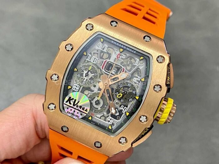 KV Factory Richard Mille RM011-03 44.5mm Rose Gold Orange Rubber Strap Arabic Numerals Skeletonized Dial - Image 3