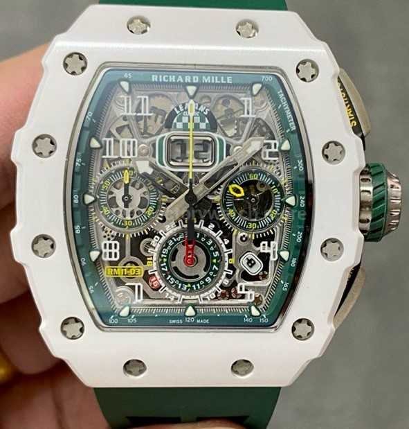KV Factory Richard Mille RM011-03 CA ATZ 44.5mm Ceramic Green Rubber Strap Skeletonized Green Dial