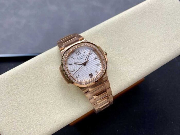 MS Factory Patek Philippe Nautilus 7118/1200R-011 35.2mm Diamond Bezel Full Rose Gold White Dial - Image 4