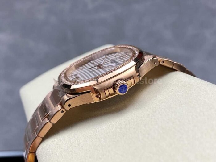 MS Factory Patek Philippe Nautilus 7118/1200R-011 35.2mm Diamond Bezel Full Rose Gold White Dial - Image 6