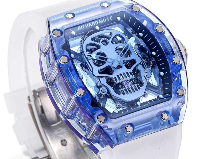 MS Factory Richard Mille RM052 Blue Sapphire Crystal Emulsion Rubber Strap Skeletonized Skull Black Dial - Image 2